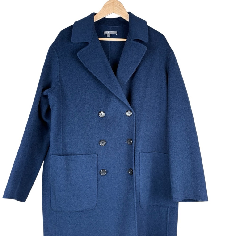 Vince Women's Navy Double-Breasted Wool Coat Size Large Long Overcoat Luxury - Picture 2 of 9